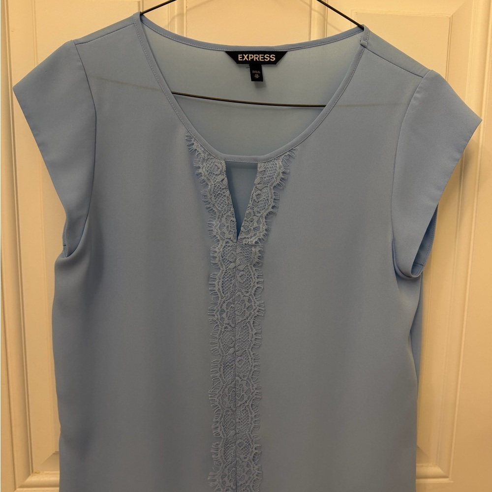 Express Blue Cap Sleeve Blouse with Mandarin Collar